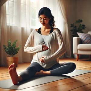 A woman doing light exercises like yoga or stretching in a home setting, representing safe workout routines after pregnancy.