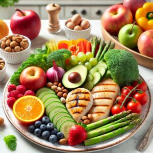 A healthy diet plate with fresh fruits, vegetables, nuts, and protein sources, emphasizing a balanced diet for postpartum weight loss.