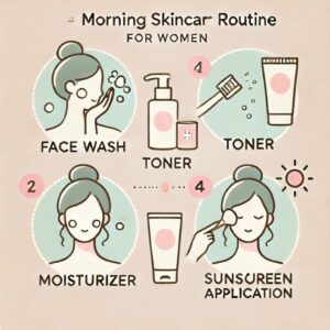 An illustrated morning skincare routine with four steps (face wash, toner, moisturizer, sunscreen).